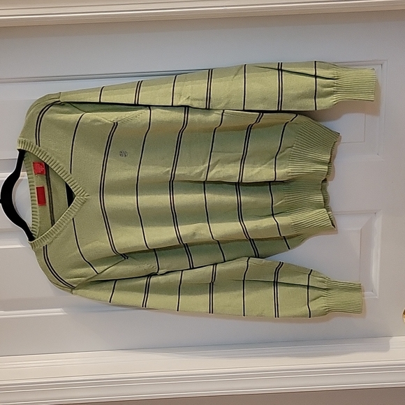 Izod light green and brown striped crew cotton sweater medium - Picture 1 of 7